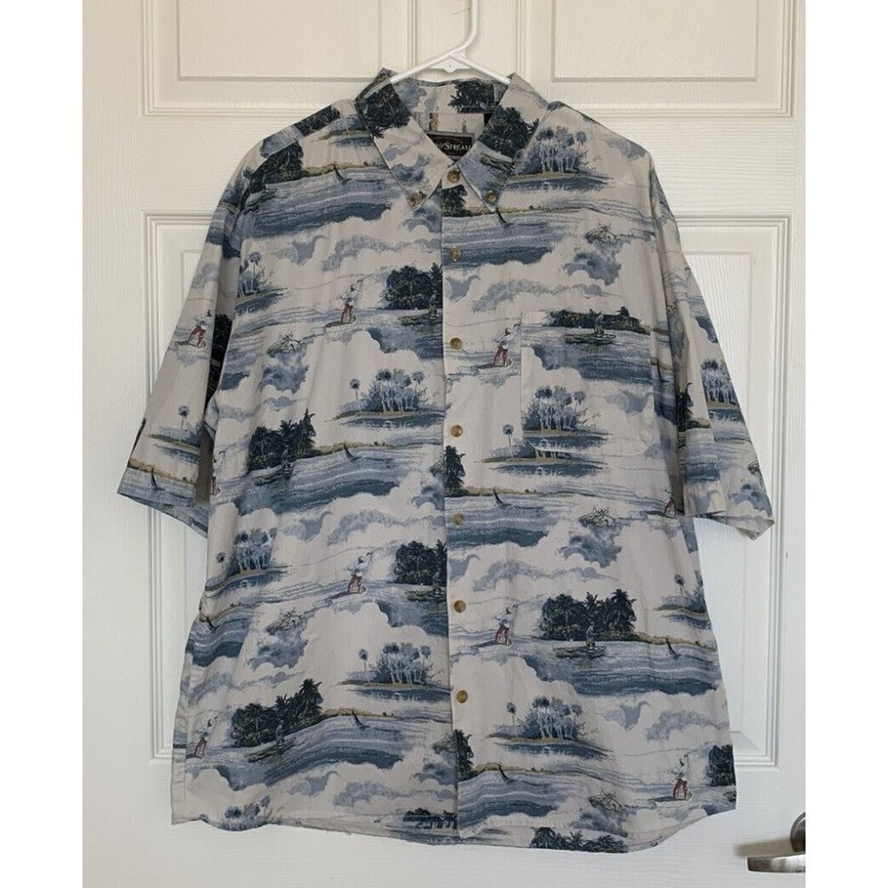 Field and Stream Men’s XL Shirt Button Cotton Fishing Scene Short Sleeve Shirt